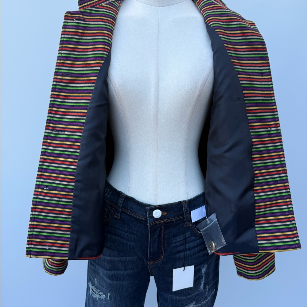 Talbots Rainbow Horizontal Striped Metallic Thread Mandarin Collar Biazer - Picture 8 of 12